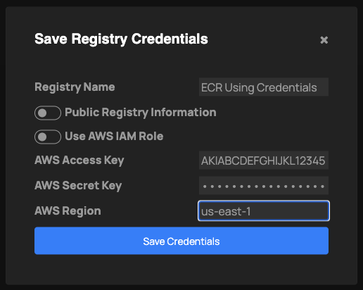 ECR Add Registry Using Credentials Form